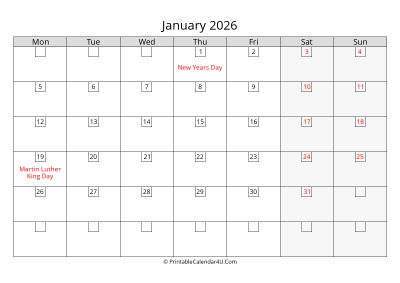 2026 january calendar with days in boxes, week starts on monday