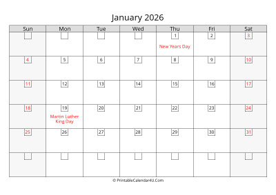 2026 january calendar with days in boxes, week starts on sunday