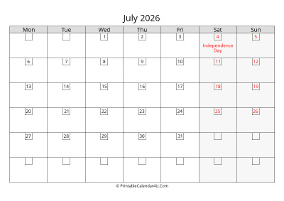 2026 july calendar with days in boxes, week starts on monday
