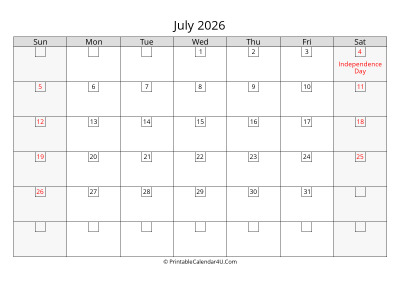 2026 july calendar with days in boxes, week starts on sunday