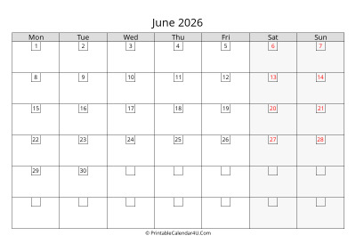 2026 june calendar with days in boxes, week starts on monday