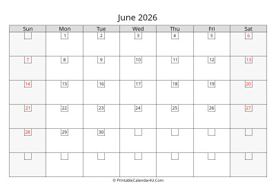 2026 june calendar with days in boxes, week starts on sunday