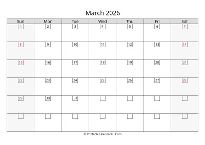 2026 march calendar with days in boxes, week starts on sunday