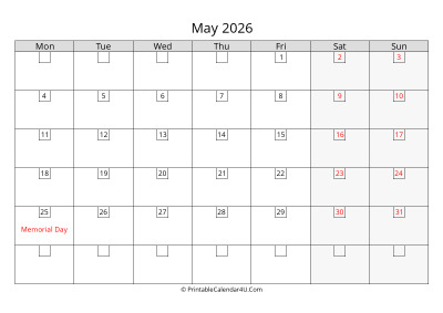 2026 may calendar with days in boxes, week starts on monday