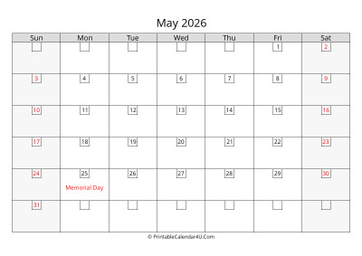2026 may calendar with days in boxes, week starts on sunday