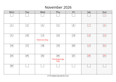 2026 november calendar with days in boxes, week starts on monday