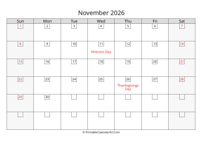 2026 november calendar with days in boxes, week starts on sunday