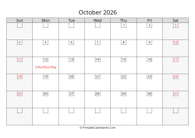 2026 october calendar with days in boxes, week starts on sunday