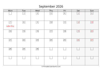 2026 september calendar with days in boxes, week starts on monday