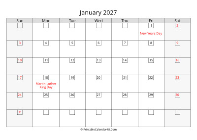 2027 january calendar with days in boxes, week starts on sunday
