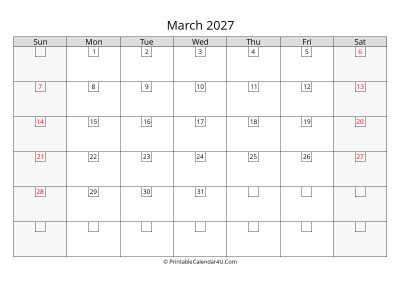 2027 march calendar with days in boxes, week starts on sunday