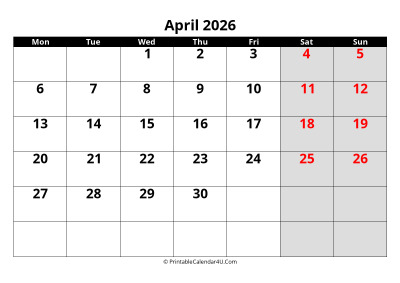 april 2026 calendar, highlighted weekend, week starts on monday