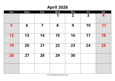 april 2026 calendar, highlighted weekend, week starts on sunday
