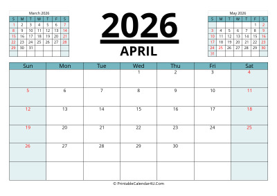 april 2026 calendar with prev and next month, week starts on sunday