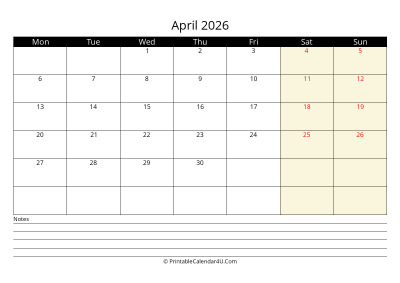 april 2026 monthly calendar with notes, week starts on monday