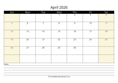 april 2026 monthly calendar with notes, week starts on sunday