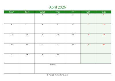 april 2026 printable calendar with holidays, week starts on monday