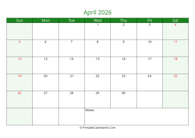 april 2026 printable calendar with holidays, week starts on sunday