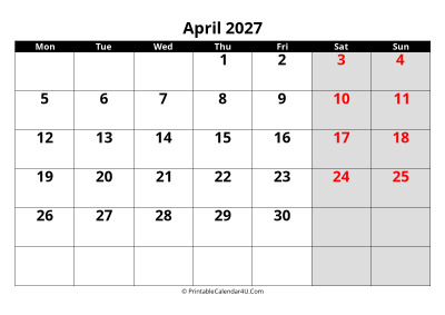 april 2027 calendar, highlighted weekend, week starts on monday