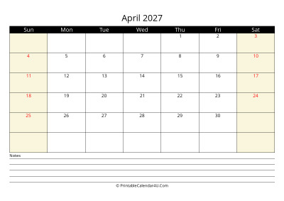 april 2027 monthly calendar with notes, week starts on sunday