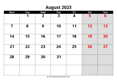 august 2023 calendar, highlighted weekend, week starts on monday