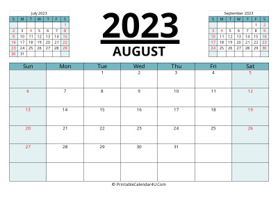 august 2023 calendar with prev and next month, week starts on sunday