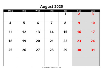 august 2025 calendar, highlighted weekend, week starts on monday