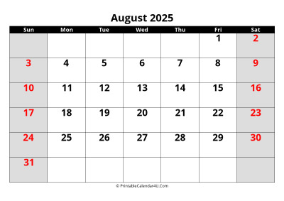 august 2025 calendar, highlighted weekend, week starts on sunday