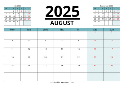 august 2025 calendar with prev and next month, week starts on monday