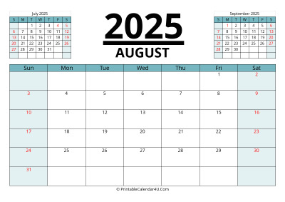 august 2025 calendar with prev and next month, week starts on sunday