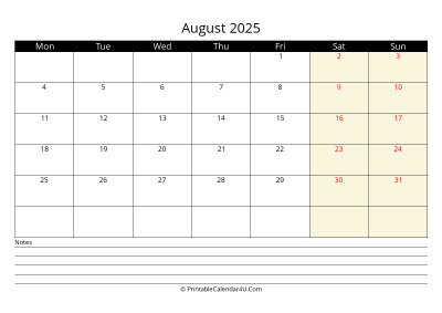 august 2025 monthly calendar with notes, week starts on monday