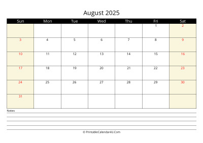 august 2025 monthly calendar with notes, week starts on sunday