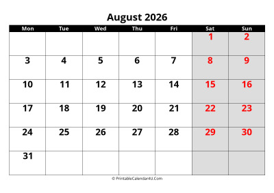 august 2026 calendar, highlighted weekend, week starts on monday