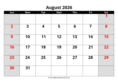 august 2026 calendar, highlighted weekend, week starts on sunday