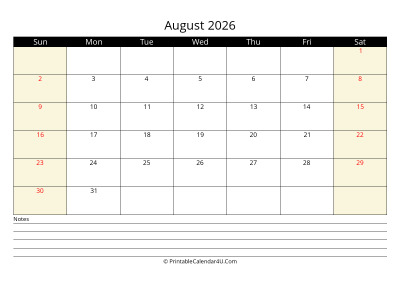 august 2026 monthly calendar with notes, week starts on sunday