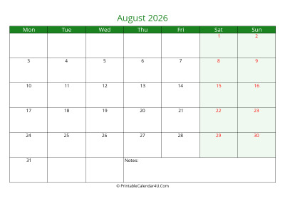 august 2026 printable calendar with holidays, week starts on monday