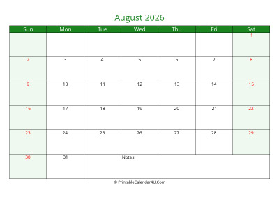 august 2026 printable calendar with holidays, week starts on sunday
