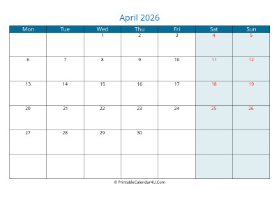 calendar april 2026 week starts on monday