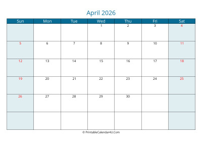 calendar april 2026 week starts on sunday