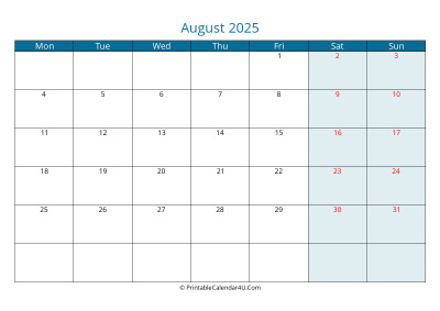 calendar august 2025 week starts on monday