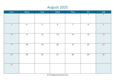 calendar august 2025 week starts on sunday