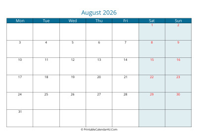 calendar august 2026 week starts on monday