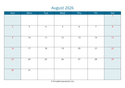 calendar august 2026 week starts on sunday