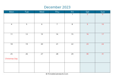 calendar december 2023 week starts on monday