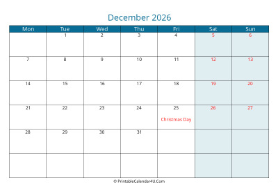 calendar december 2026 week starts on monday
