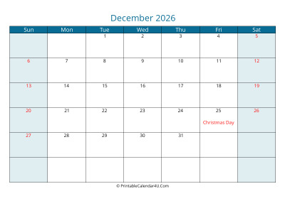 calendar december 2026 week starts on sunday
