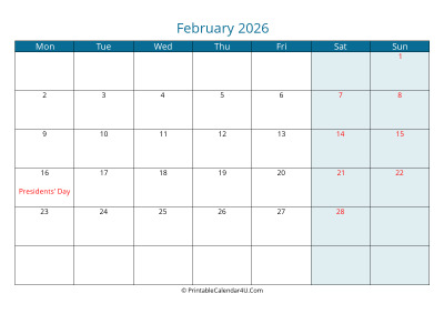 calendar february 2026 week starts on monday