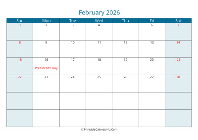 calendar february 2026 week starts on sunday