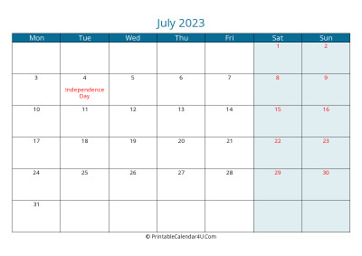 calendar july 2023 week starts on monday