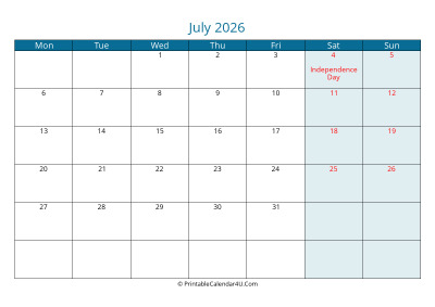calendar july 2026 week starts on monday